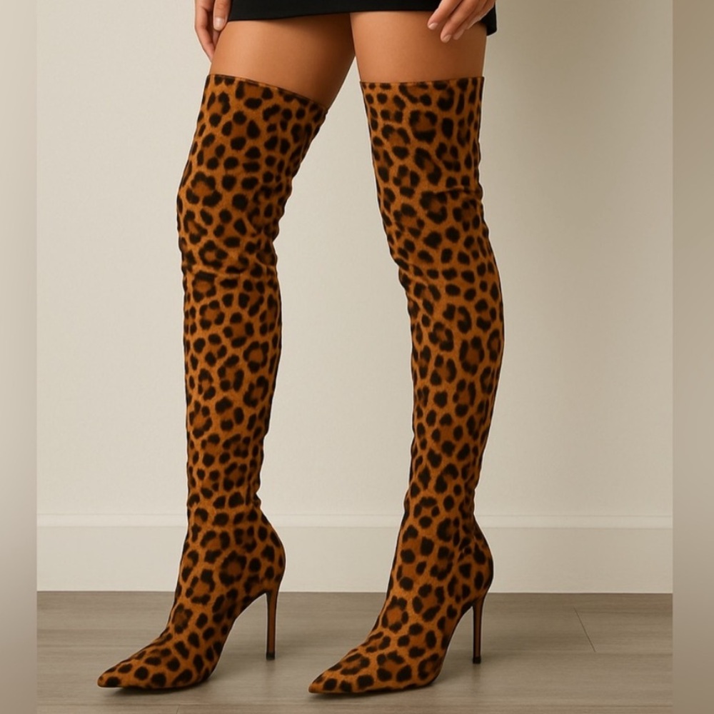 Leopard-Print Over-the-Knee Stiletto Boots
